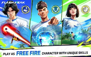 Three Free Fire characters posing with skill icons, captioned play as Free Fire character with unique skills