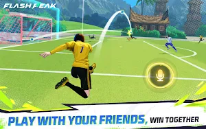 A goalkeeper diving in a jungle stadium with a voice-chat button, captioned play with your friends