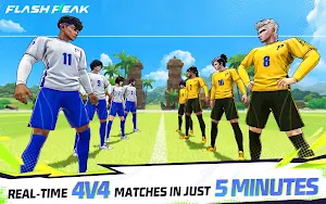 Two teams lined up on the pitch, captioned real-time 4v4 matches in just 5 minutes