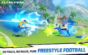 Players sliding through skill effects on a beachside pitch, captioned no fouls, no rules, pure freestyle football