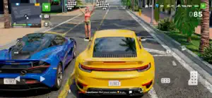 A blue and a yellow supercar on a palm-lined avenue with a woman in a bikini walking past