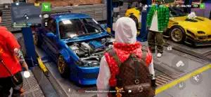 A player in a monogram hoodie standing at a garage lift with a blue coupe's engine exposed