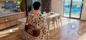 A player in a patterned jacket inside a modern apartment with a dining table and sea view