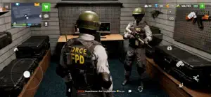 Two players in tactical gear labelled FPD inside a dark police armoury
