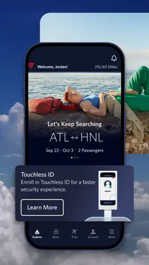 Explore home screen with a 216,165-mile SkyMiles balance, an ATL to HNL trip search and a Touchless ID enrollment card