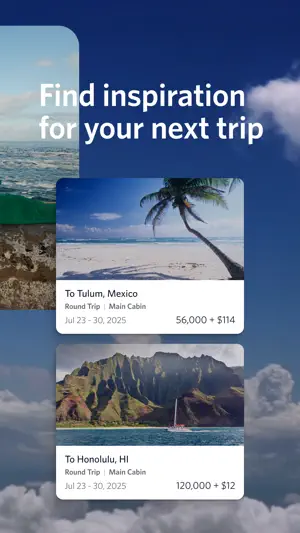 Trip inspiration cards for Tulum and Honolulu with round-trip prices shown as SkyMiles plus cash