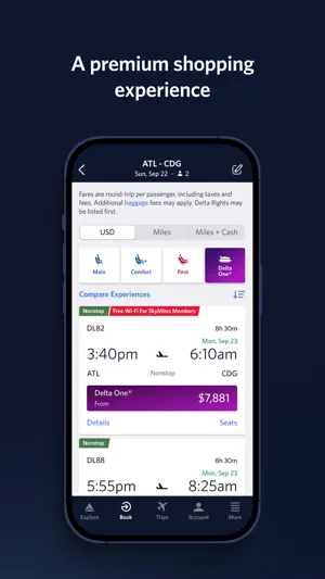 ATL to CDG flight results with Main, Comfort, First and Delta One tabs, a Free Wi-Fi for SkyMiles Members tag and a $7,881 Delta One fare