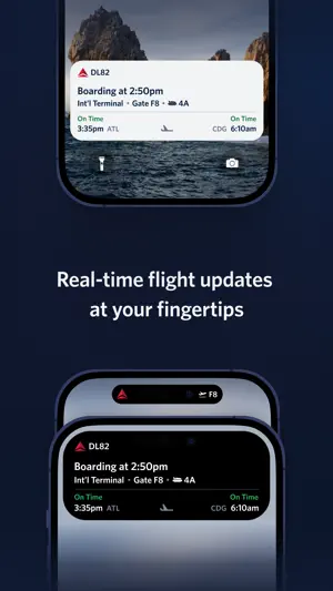 Lock-screen Live Activity and Dynamic Island showing flight DL82 boarding at 2:50pm from gate F8, seat 4A