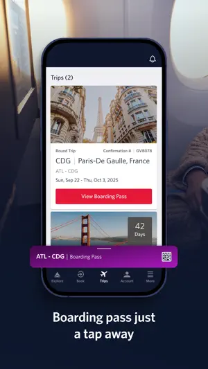 Trips tab with a round trip to Paris-Charles de Gaulle, a View Boarding Pass button and a pinned ATL-CDG boarding pass bar
