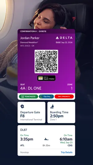 Delta One mobile boarding pass with QR code, Add to Apple Wallet button, seat 4A, zone 1, gate F8 and a TSA PreCheck badge