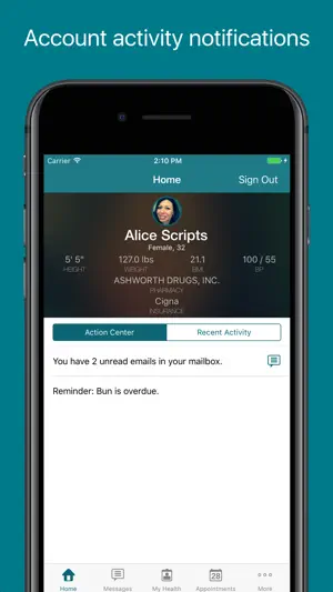FollowMyHealth home screen for a demo patient with height, weight, BMI and blood pressure above the Action Center