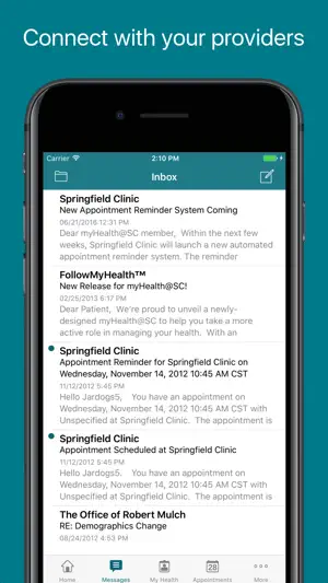 FollowMyHealth Messages inbox listing appointment reminders and notices from Springfield Clinic