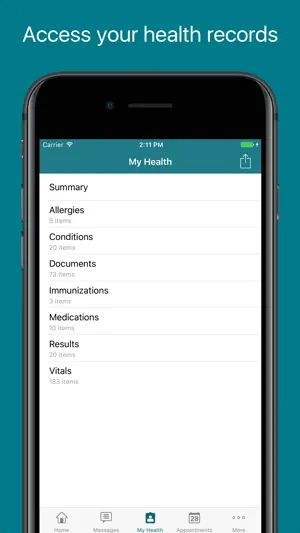 My Health menu with Allergies, Conditions, Documents, Immunizations, Medications, Results and Vitals item counts