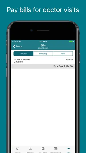 FollowMyHealth Bills screen with Unpaid, Pending and Paid tabs and a $294.00 total due