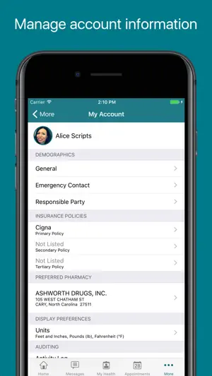 My Account screen with demographics, emergency contact, insurance policies and preferred pharmacy