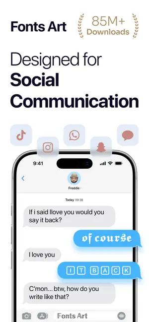 Fonts Art title card claiming 85M+ downloads above an iPhone chat with replies in gothic and boxed letter styles