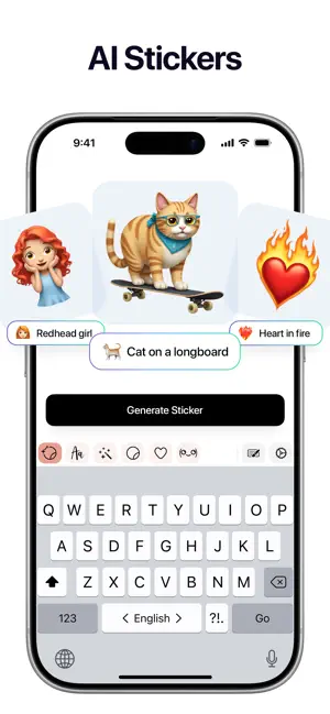 AI Stickers screen generating a cat on a longboard, with redhead girl and heart-in-fire sticker examples above the keyboard