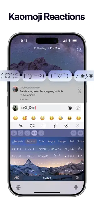 Kaomoji Reactions panel with Popular, Cute, Angry and Happy tabs open under a comment on a mountain photo