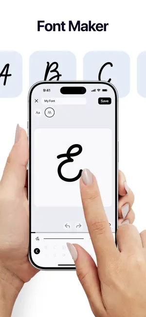 Font Maker canvas named My Font where a finger draws a cursive capital E, with A, B and C tiles above