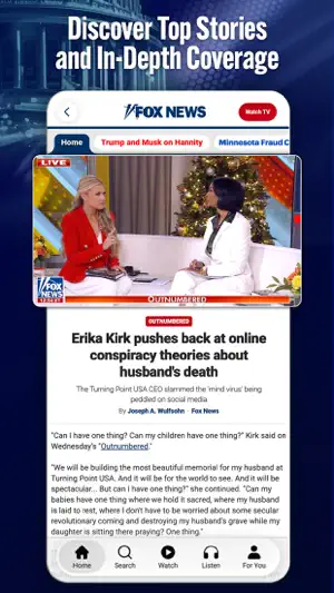 Home tab with a picture-in-picture live video above an article and Home, Search, Watch, Listen and For You tabs