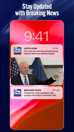 Lock screen with two Fox News push notifications labeled Watch Now and Breaking News