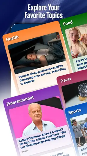 Topic cards for the Health, Food, Entertainment, Travel and Sports sections