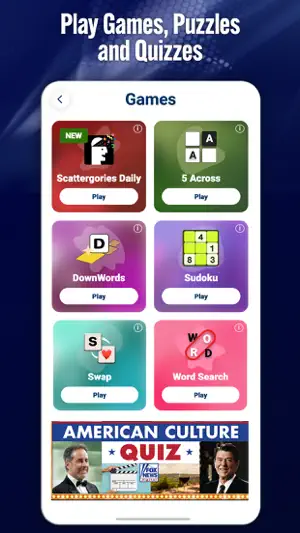 Games screen with Scattergories Daily, 5 Across, DownWords, Sudoku, Swap and Word Search tiles