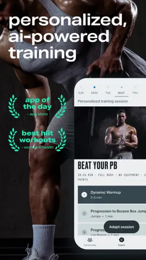 Phone mock-up of a Personalized training session headed Beat Your PB, listing Dynamic Warmup and burpee progressions beside an Adapt session button, under the words personalized, ai-powered training