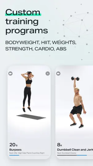 Two exercise cards under Custom training programs: a woman doing Burpees with a 20 second timer and a man in a Dumbbell Clean and Jerk with an 8 reps counter