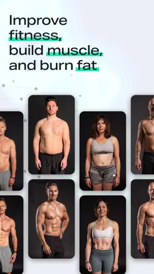 Grid of portrait photos of men and women with different builds, some without shirts or in sports tops, under the headline Improve fitness, build muscle, and burn fat