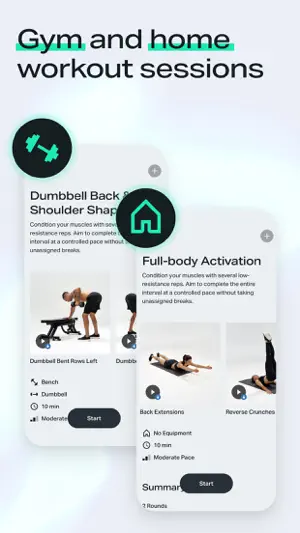 Two workout cards under Gym and home workout sessions: Dumbbell Back and Shoulder Shape with Bench and Dumbbell tags, and Full-body Activation with No Equipment