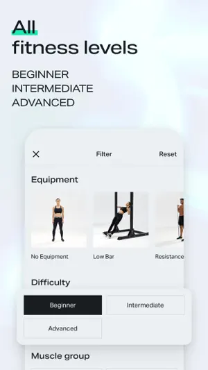 Filter screen under All fitness levels with Equipment tiles for No Equipment and Low Bar, Difficulty buttons for Beginner, Intermediate and Advanced, and a Muscle group heading