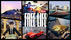 FREE LIFE key art collage — a suited character with cash, a red convertible, a jet-ski and a briefcase of gold