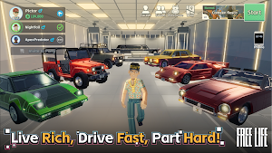 Garage lobby with a green supercar, muscle cars and a three-player squad list — Live Rich, Drive Fast, Part Hard