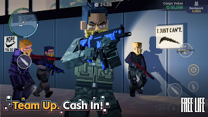 Masked heist crew with rifles and a cargo-value counter — Team Up, Cash In