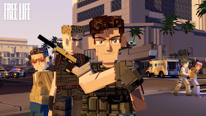 Two block-headed gunmen in the street beside a gold sedan under the FREE LIFE logo