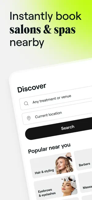 Fresha Discover screen with Any treatment or venue and Current location search fields, a Search button and Popular near you tiles for Hair & styling, Barbers and Eyebrows & eyelashes
