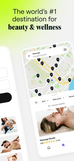 Map of massage venues with 4.8 to 5.0 rating pins, Sort and Max price filters, a 1k+ venues nearby count and a Massage Studio card rated 5.0 from 734 reviews