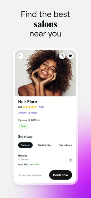 Hair Flare venue page in London rated 5.0 from 734 reviews, open until 8:00pm, with a Deals tag and a Haircut from £90 marked Save 30%