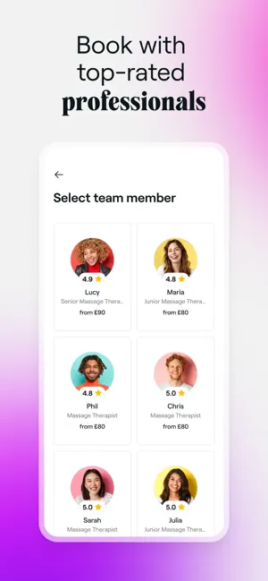 Select team member grid with massage therapists Lucy, Maria, Phil, Chris, Sarah and Julia, each showing a star rating and a from £80 or £90 price