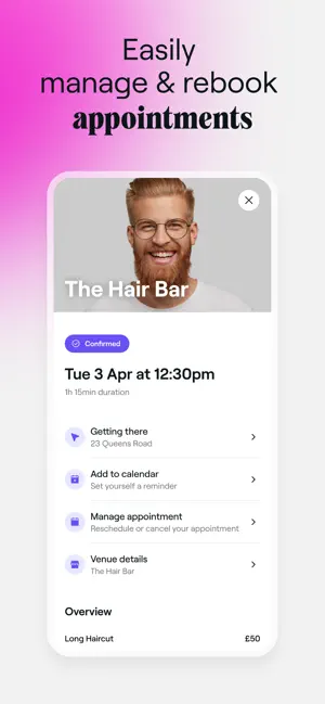Confirmed booking at The Hair Bar for Tue 3 Apr at 12:30pm with Getting there, Add to calendar, Manage appointment and a £50 Long Haircut