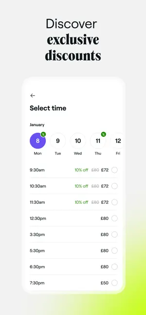 Select time screen for January with 10% off on the 9:30, 10:30 and 11:30am slots, £72 instead of £80, and full-price afternoon and evening slots
