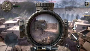 First-person sniper scope over a snowy trench line with a health bar and minimap