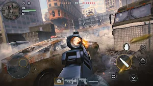 Assault rifle firing on a ruined city street beside a burnt car
