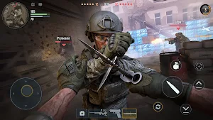 Close-quarters fight at a night market with an enemy running past a rifle