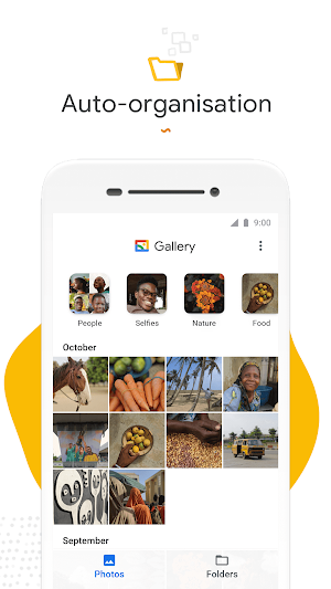 Gallery Photos tab under the headline Auto-organisation, with People, Selfies, Nature and Food chips above an October photo grid and Photos and Folders tabs