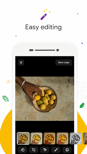 Gallery editor under the headline Easy editing: a bowl of fruit with a row of filter previews, a Save copy button and crop, text, drawing and emoji tools