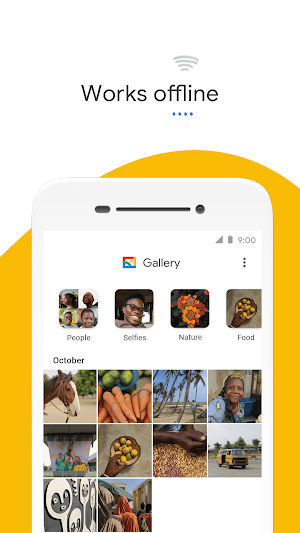 Light-theme Gallery home screen under the headline Works offline, showing People, Selfies, Nature and Food shortcuts and an October grid