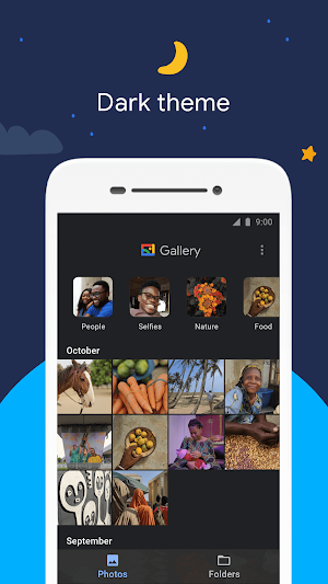 Dark theme version of the Gallery Photos tab with the same category chips, an October grid and a September section below