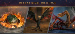 Three dragons in flame, in flight and in profile, captioned defeat rival dragons